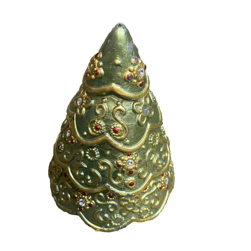 Vintage Christmas Trees shaped Candle wax w/ wick ornate decorated‎ 9.5